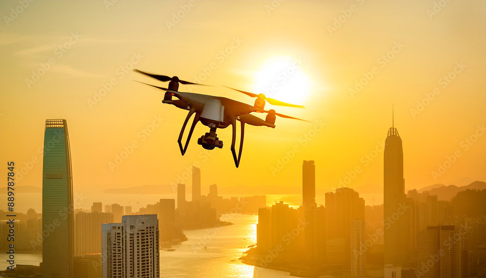 Silhouette of a drone in the big city during sunset Silhouette of a drone in the big city during sunset