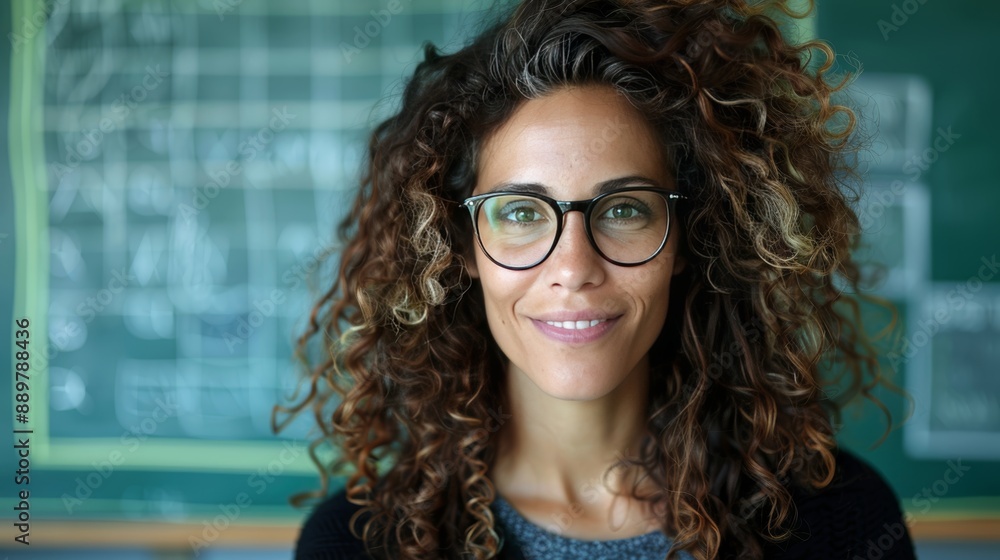 Obraz premium Portrait Of Confident Teacher Wearing Eyeglasses Standing Against Chalkboard In Classroom