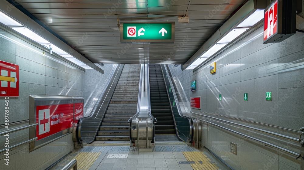 Fototapeta premium Clear and Visible Safety Signs in Subway Station with Emergency Instructions for Passenger Guidance