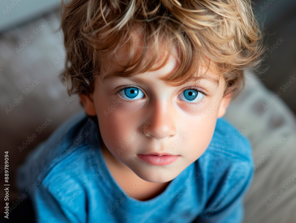Closeup of a boy with blue eyes and curly hair. Closeup of a boy with blue eyes and curly hair.
