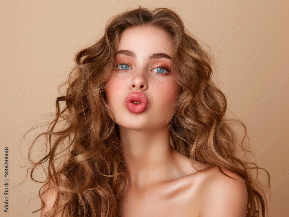 A woman with curly hair and a pink lip is blowing a kiss. Free copy space for text. A woman with curly hair and a pink lip is blowing a kiss. Free copy space for text.