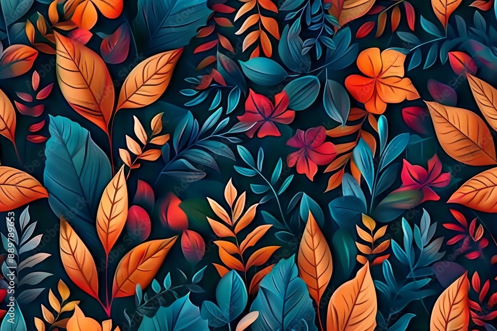 Wall hanging branches seamless pattern leaves fall with bright color flowers illustration background. 3d abstraction wallpaper for interior mural wall, Generative AI Wall hanging branches seamless pattern leaves fall with bright color flowers illustration background. 3d abstraction wallpaper for interior mural wall, Generative AI