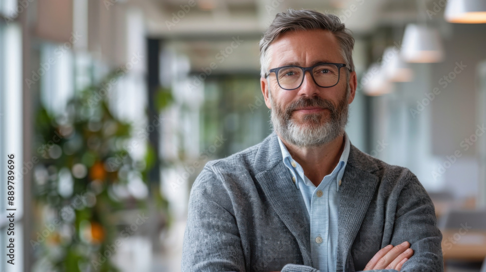Mature businessman with glasses and beard stands confidently with arms crossed in a bright, modern office space. Mature businessman with glasses and beard stands confidently with arms crossed in a bright, modern office space.