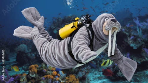 A walrus wearing a scuba suit and holding an oxygen tank, AI