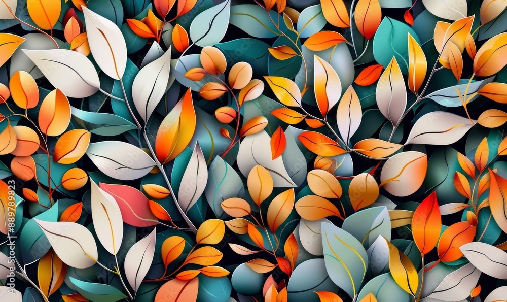 Wall hanging branches seamless pattern leaves fall with bright color flowers illustration background. 3d abstraction wallpaper for interior mural wall, Generative AI Wall hanging branches seamless pattern leaves fall with bright color flowers illustration background. 3d abstraction wallpaper for interior mural wall, Generative AI