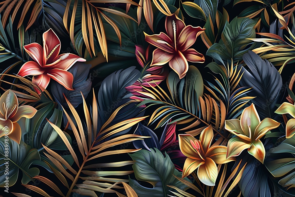 Tropical seamless pattern with exotic flowers and leaves. Dark floral background. Vintage style. Hand drawn 3d illustration. Luxury design for wallpapers, fabric, Generative AI Tropical seamless pattern with exotic flowers and leaves. Dark floral background. Vintage style. Hand drawn 3d illustration. Luxury design for wallpapers, fabric, Generative AI