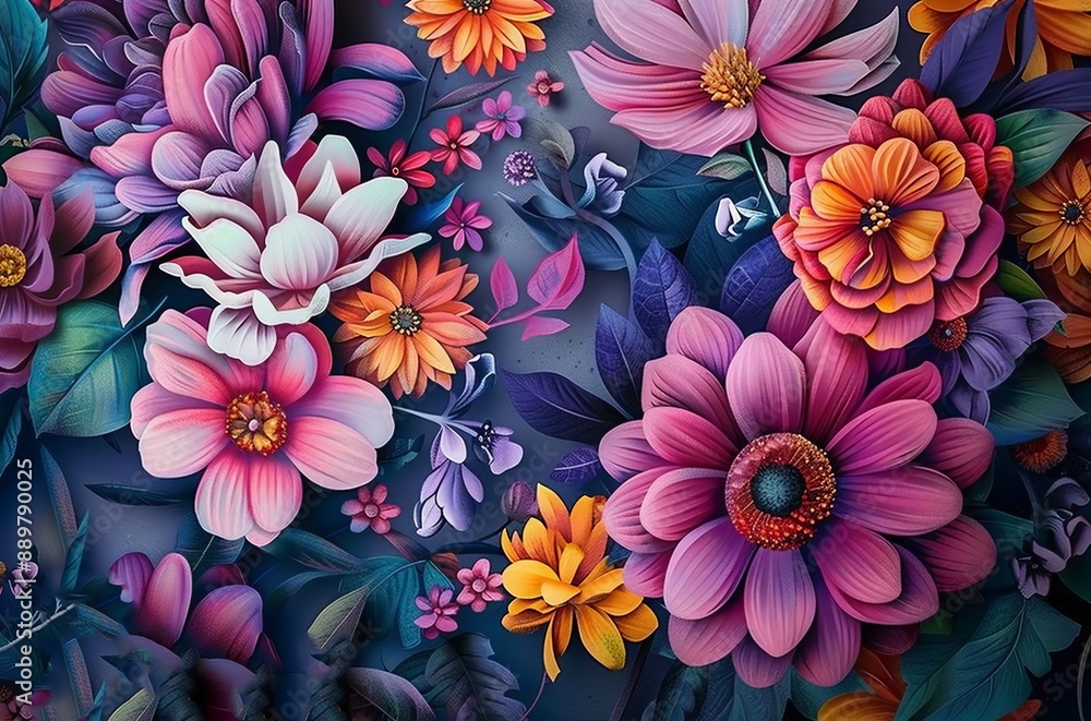 3D mural wallpaper with vibrant floral pattern. Generative AI 3D mural wallpaper with vibrant floral pattern. Generative AI