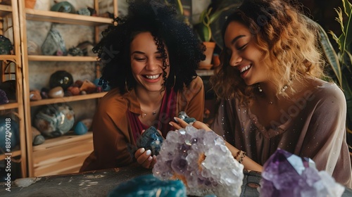 Female friends bonding over healing crystals