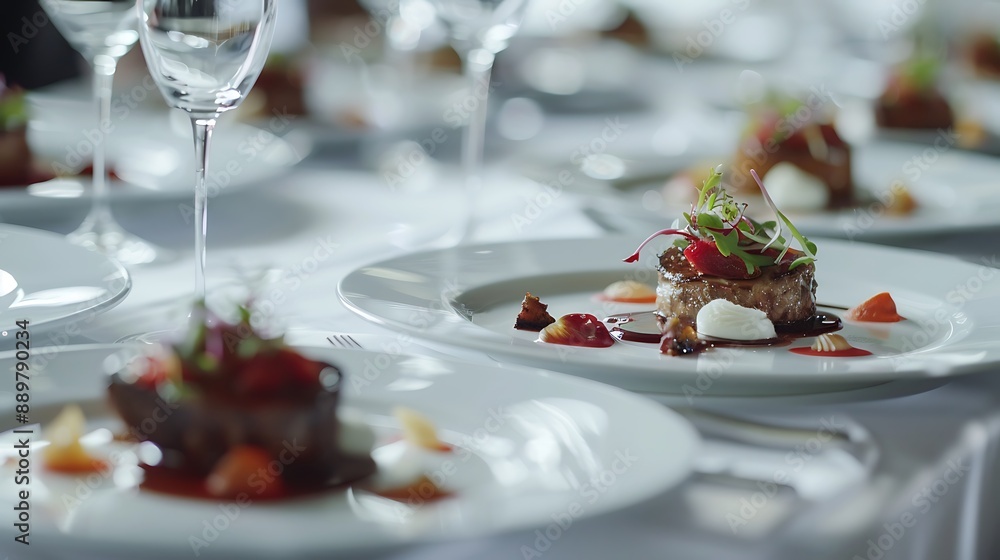 Beautifully plated gourmet food dishes on a pristine white tablecloth, highlighting culinary artistry. 32k, full ultra HD, high resolution Beautifully plated gourmet food dishes on a pristine white tablecloth, highlighting culinary artistry. 32k, full ultra HD, high resolution