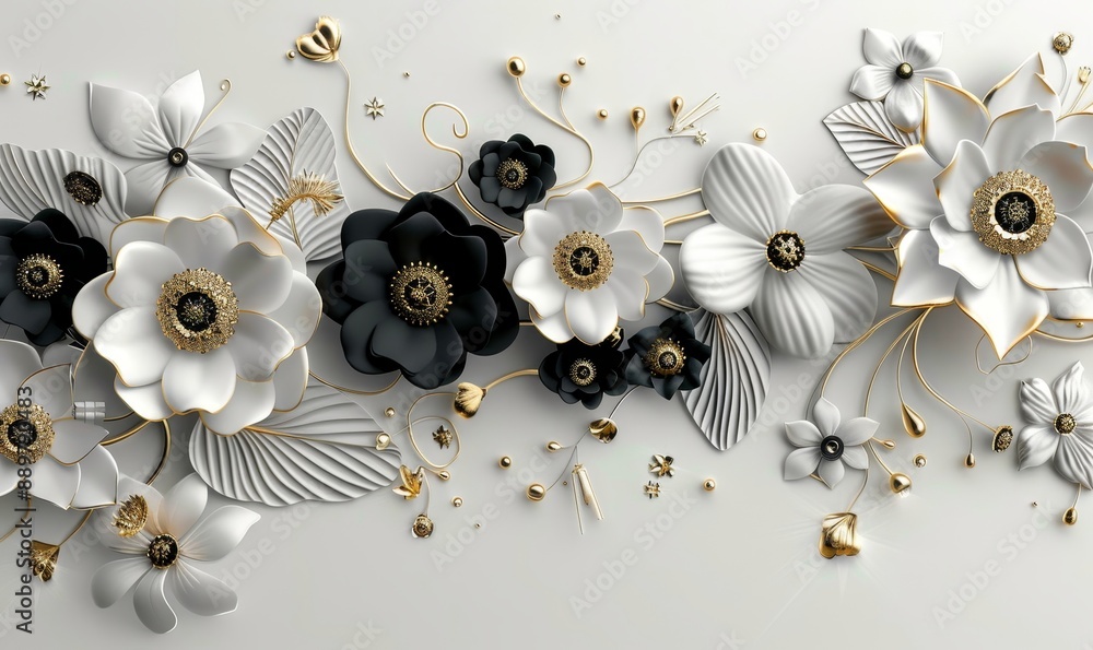 Fototapeta premium 3d mural illustration white background with golden jewelry and flowers, in black decorative wallpaper, Generative AI