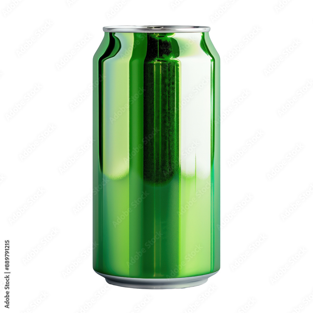 Fototapeta premium A shiny green metallic soda can isolated on a white background, perfect for advertising, branding, or product packaging design.