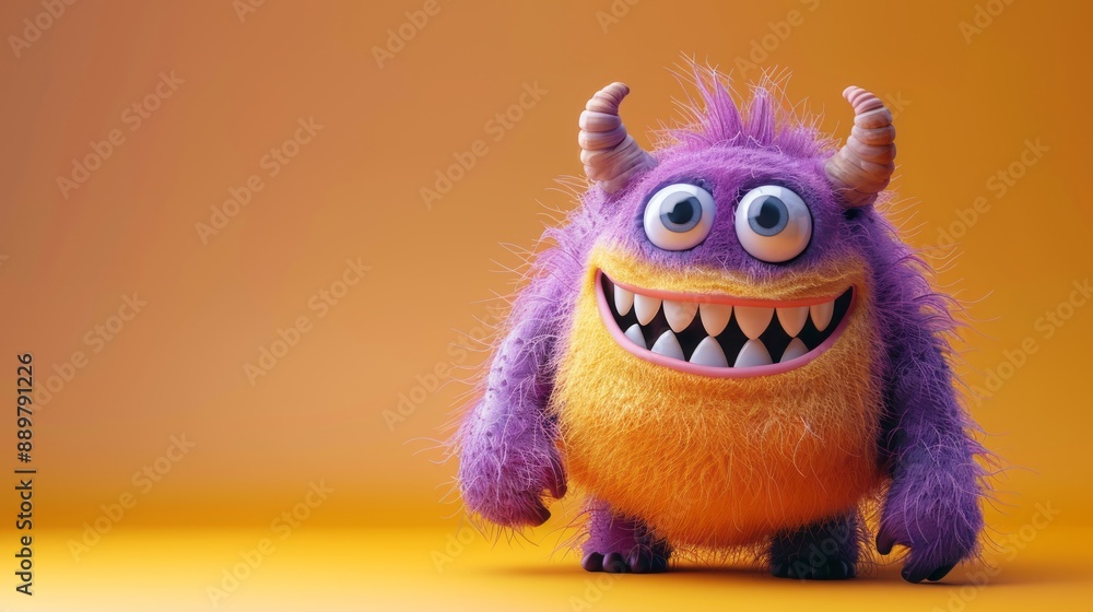 Fototapeta premium Cute 3D cartoon monster with colorful background. This character could be related to animation, children’s media, or character design.