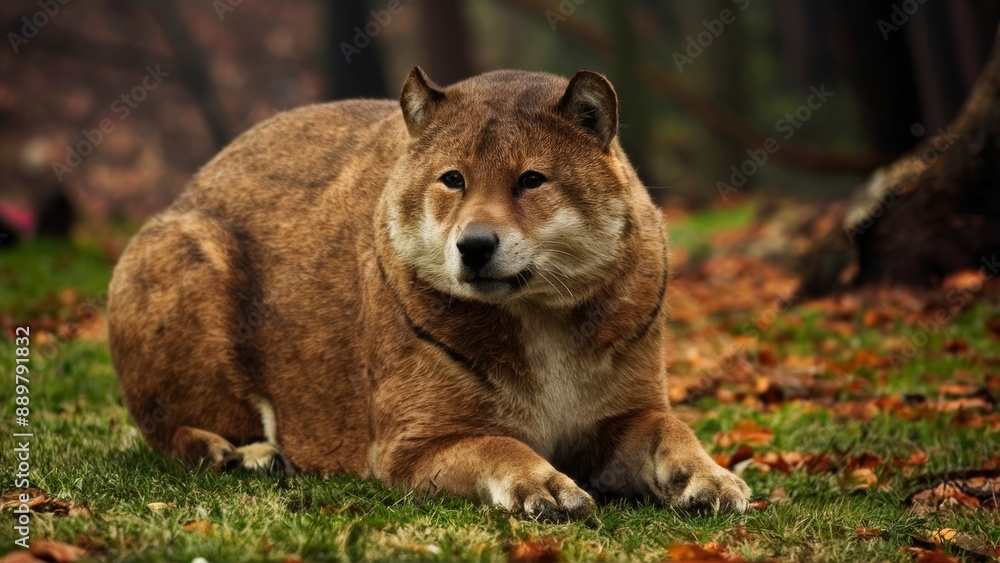 Fototapeta premium A large brown animal laying on the ground in a field, AI