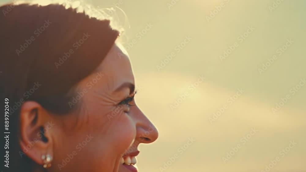 A close-up shot of a woman's face as she smiles and looks upwards at the sunset. Emotion happy smile A close-up shot of a woman's face as she smiles and looks upwards at the sunset. Emotion happy smile