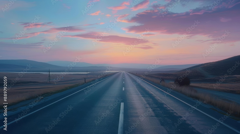 A serene highway landscape at twilight, embodying a roadmap driven by passion and motivation, providing direction and inspiration under a peaceful, soft sky A serene highway landscape at twilight, embodying a roadmap driven by passion and motivation, providing direction and inspiration under a peaceful, soft sky
