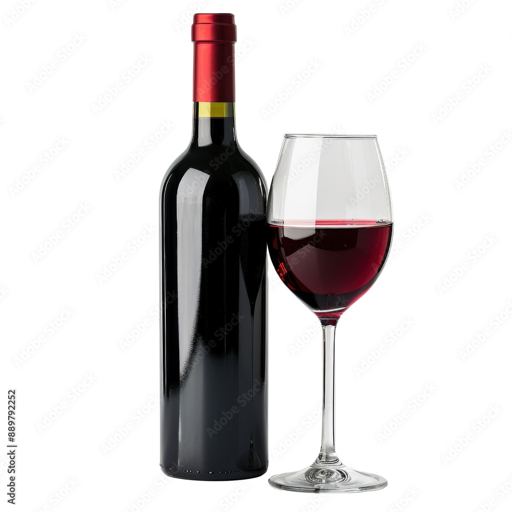 Red wine bottle and glass filled with wine, perfect for a romantic dinner or celebration, isolated on a white background. Red wine bottle and glass filled with wine, perfect for a romantic dinner or celebration, isolated on a white background.