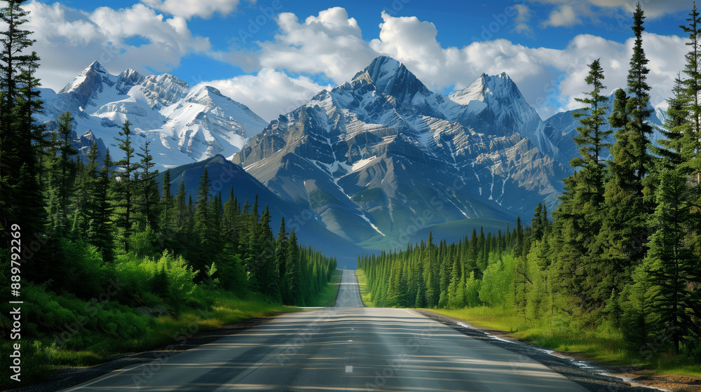 Picturesque road surrounded by pine forest with views of snowy mountains Picturesque road surrounded by pine forest with views of snowy mountains