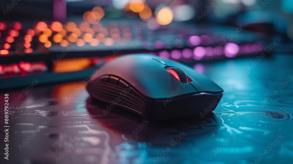 Close-up of a gaming mouse and keyboard illuminated by neon lights, set against a background of colorful bokeh, highlighting advanced gaming equipment. Close-up of a gaming mouse and keyboard illuminated by neon lights, set against a background of colorful bokeh, highlighting advanced gaming equipment.