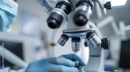 Dentist using a dental microscope for root canal procedures