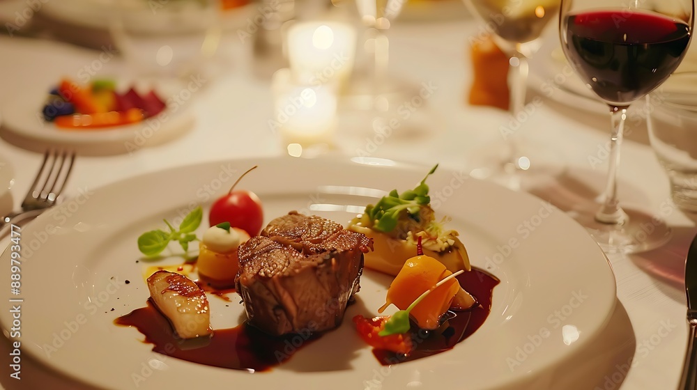 Beautifully plated gourmet food dishes on a pristine white tablecloth, highlighting culinary artistry. 32k, full ultra HD, high resolution Beautifully plated gourmet food dishes on a pristine white tablecloth, highlighting culinary artistry. 32k, full ultra HD, high resolution