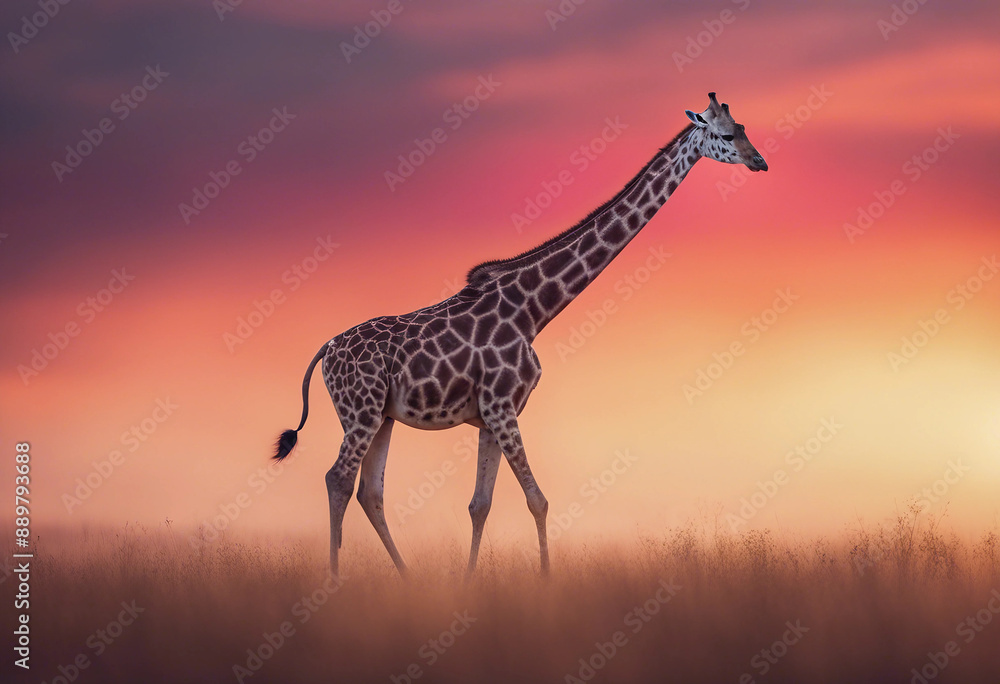 Obraz premium A giraffe striding across the savanna under a vibrant, multi-colored dawn sky. 