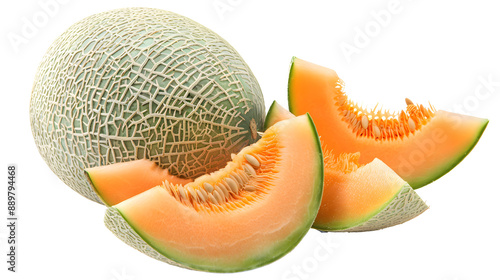 Fresh Cantaloupe Slices and Whole Melon on White 