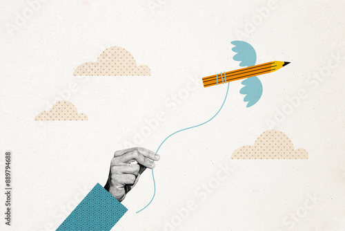 Canvas Print Creative trend collage of pencil flying essay writing blogger writer inspiration