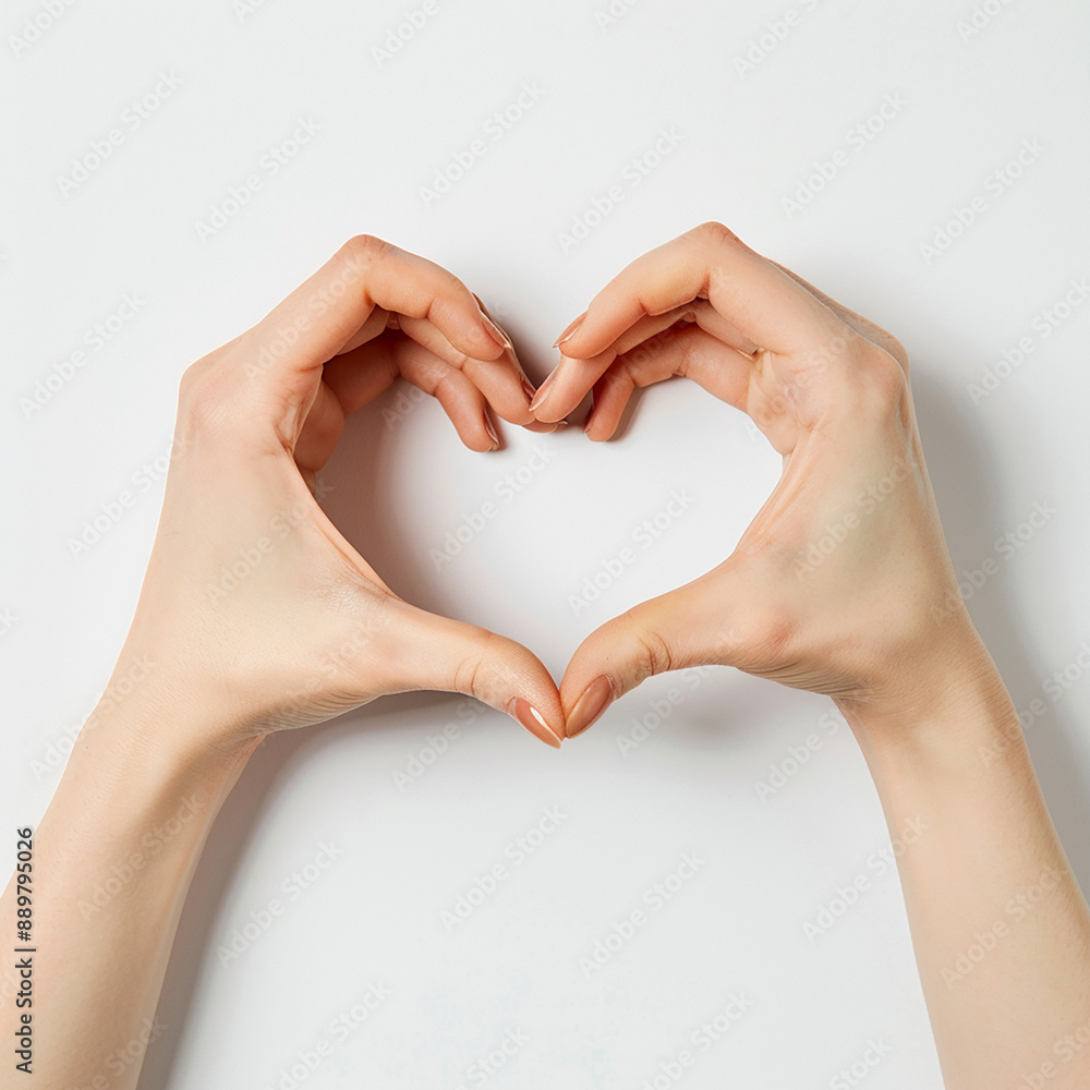 Fototapeta premium Hands forming a heart shape on a white background, representing love and unity.