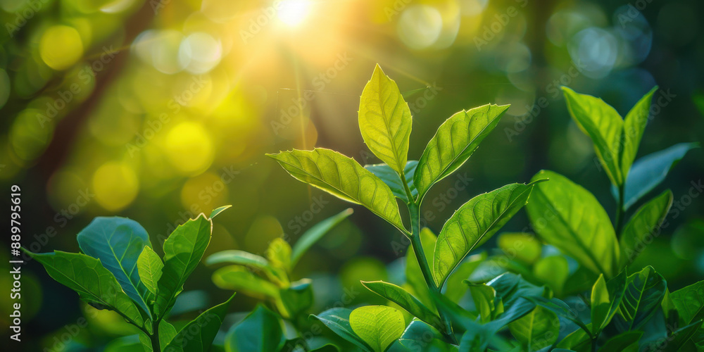 Close-up of fresh green leaves basking in sunlight in a lush forest, showcasing natural beauty and tranquility. Close-up of fresh green leaves basking in sunlight in a lush forest, showcasing natural beauty and tranquility.