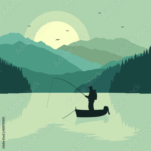 Silhouette Fishing Man on a Boat in a Lake Vector Illustration
