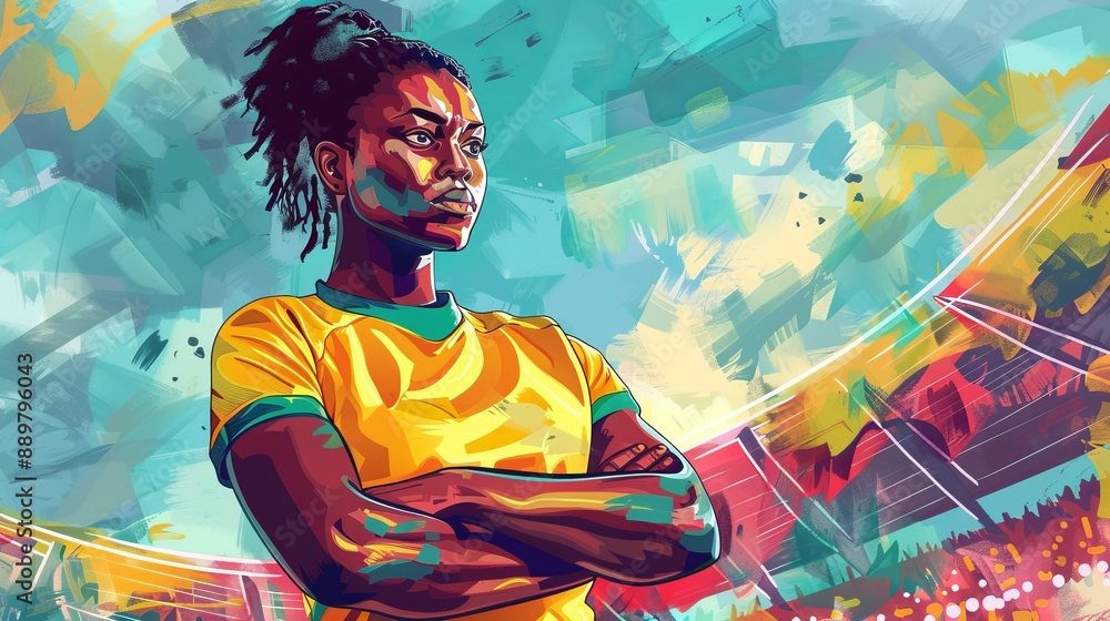 An energetic illustration of a football player wearing a yellow jersey and standing with crossed arms in a dynamic, colorful stadium, symbolizing courage and vitality. An energetic illustration of a football player wearing a yellow jersey and standing with crossed arms in a dynamic, colorful stadium, symbolizing courage and vitality.