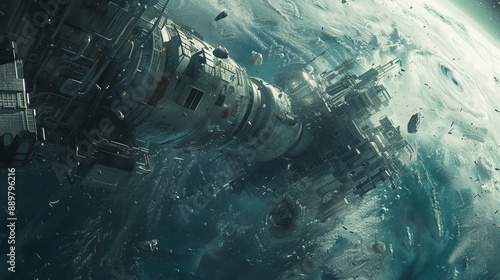 Fototapeta Naklejka Na Ścianę i Meble -  An immense space station orbiting a distant, alien planet amidst debris in space, showcasing advanced technology and the stark, majestic beauty of outer space.