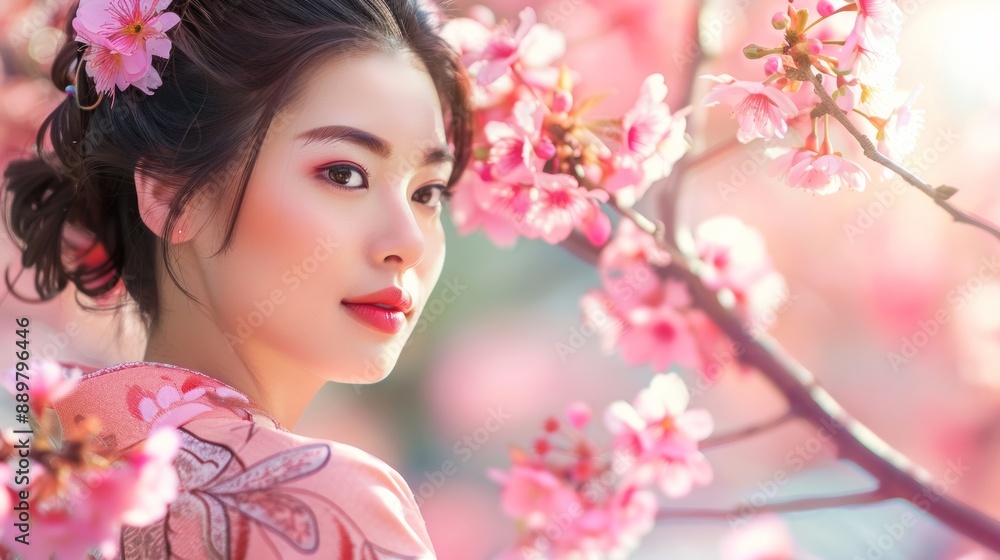 beautiful asian woman with a perfect face next to a pink sakura tree beautiful asian woman with a perfect face next to a pink sakura tree