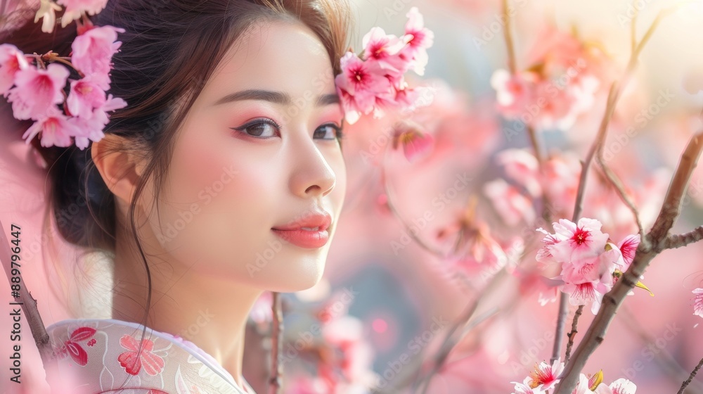 beautiful asian woman with a perfect face next to a pink sakura tree beautiful asian woman with a perfect face next to a pink sakura tree