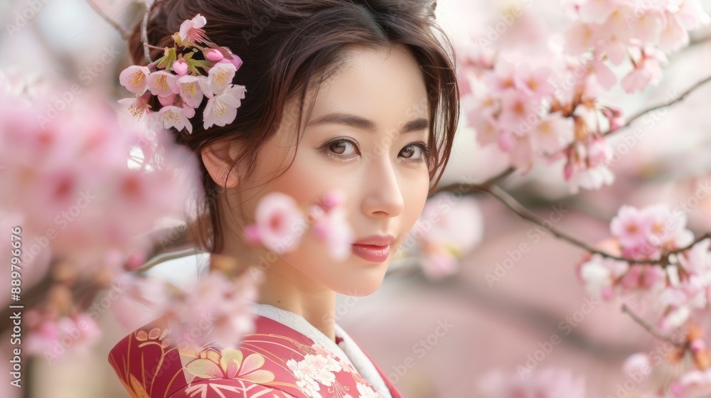 beautiful asian woman with a perfect face next to a pink sakura tree beautiful asian woman with a perfect face next to a pink sakura tree