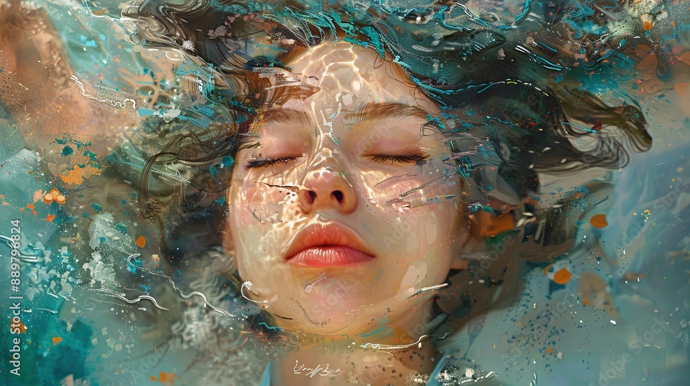 A serene face with closed eyes immersed in water, combing abstract textures and vivid colors to create a dreamy, surreal effect representing tranquility and imagination.