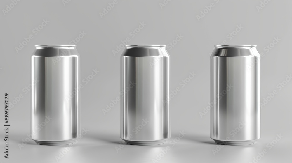 Three blank aluminum cans are arranged in a row on display against a plain background, perfect for illustrating concepts related to packaging, beverages, and minimalist design. Three blank aluminum cans are arranged in a row on display against a plain background, perfect for illustrating concepts related to packaging, beverages, and minimalist design.
