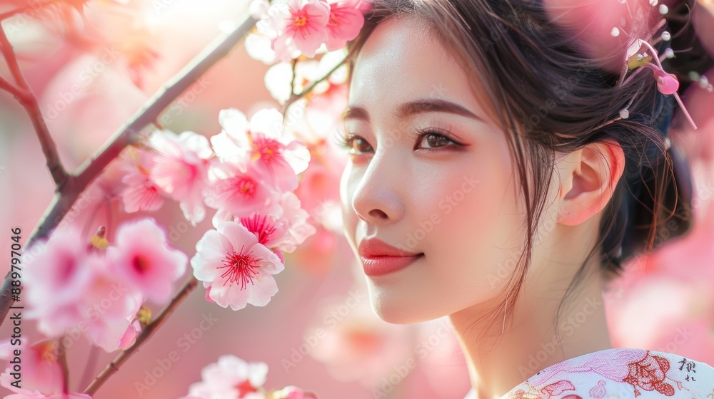 beautiful asian woman with a perfect face next to a pink sakura tree beautiful asian woman with a perfect face next to a pink sakura tree
