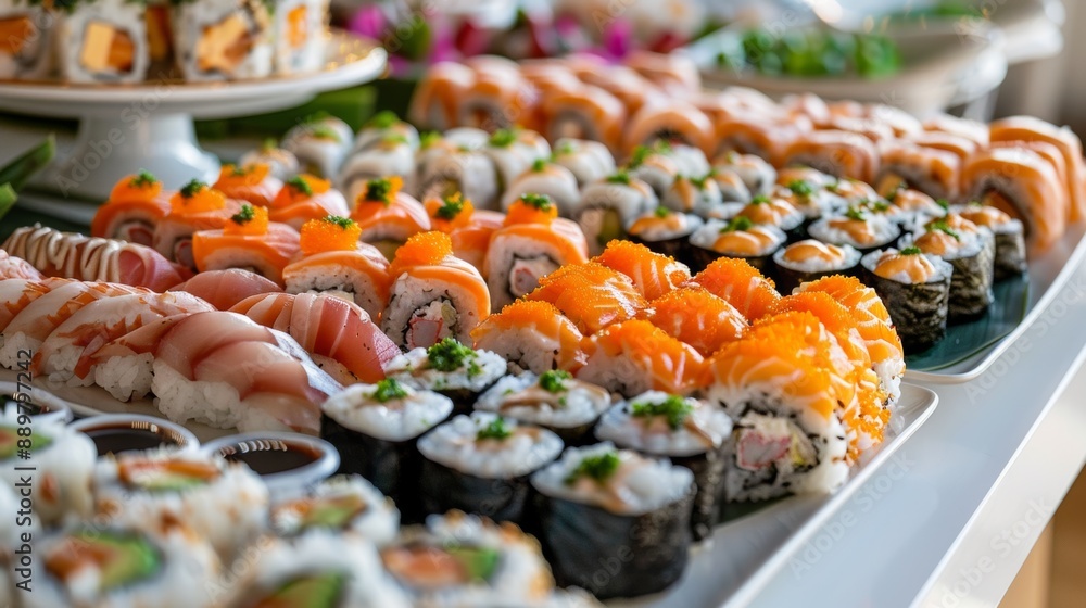 sushi platter display, elegantly presented sushi platter with soy sauce and wasabi, perfect for catering at sushi aficionados and asian-inspired events sushi platter display, elegantly presented sushi platter with soy sauce and wasabi, perfect for catering at sushi aficionados and asian-inspired events