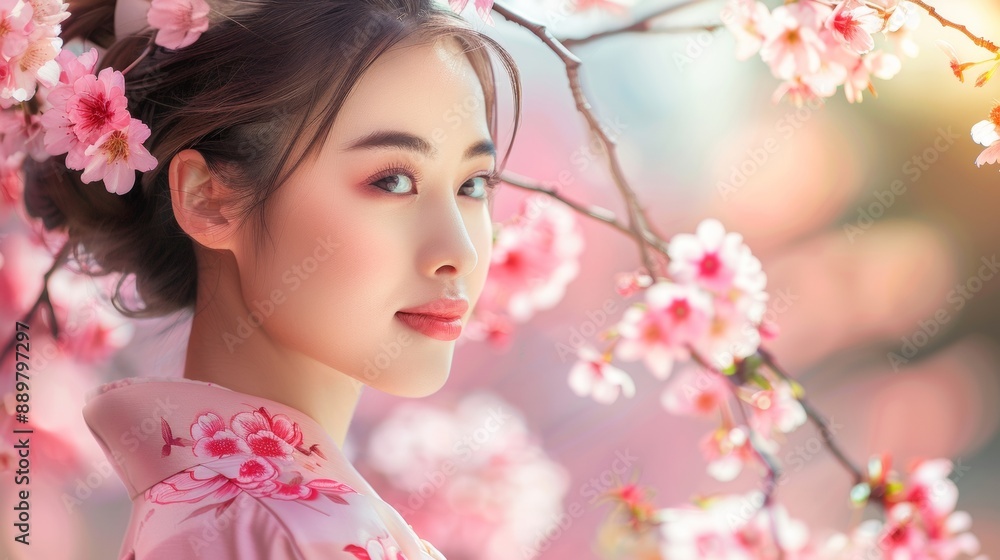 beautiful asian woman with a perfect face next to a pink sakura tree beautiful asian woman with a perfect face next to a pink sakura tree