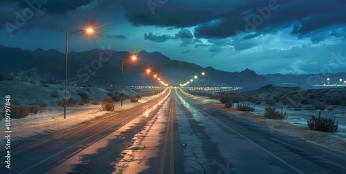 Desert Highway at Night with Streetlights and Mountains photo