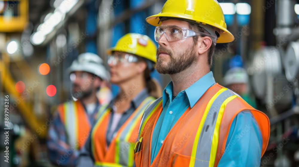 Construction workers wearing safety gear including hard hats and reflective vests, standing attentively in a work environment. Construction workers wearing safety gear including hard hats and reflective vests, standing attentively in a work environment.