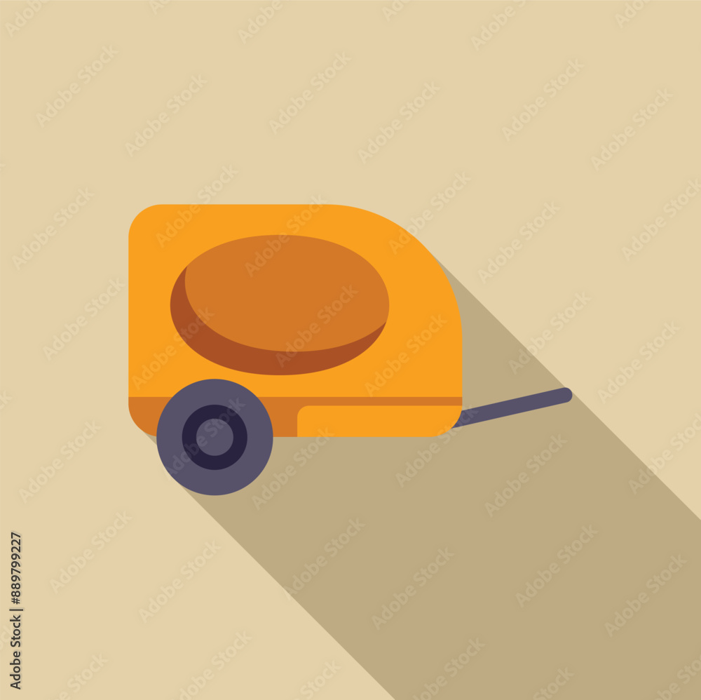 Small orange trailer for camping trip standing on one wheel on beige background with shadow Small orange trailer for camping trip standing on one wheel on beige background with shadow