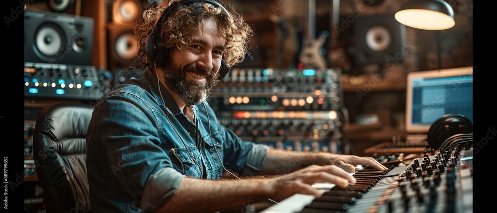 Musicians work in recording studio. Musicians work in recording studio.
