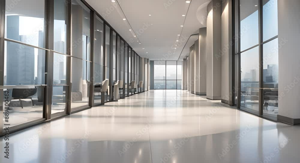 Bright Modern Office Hallway with City Views and Polished Concrete Floors 4k animation Bright Modern Office Hallway with City Views and Polished Concrete Floors 4k animation