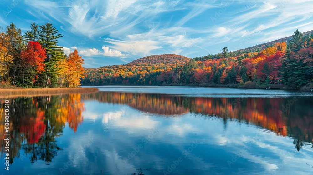 A serene scene of a lake surrounded by trees in vibrant autumn colors, reflected in the still water, with a bright blue sky and wispy clouds overhead. A serene scene of a lake surrounded by trees in vibrant autumn colors, reflected in the still water, with a bright blue sky and wispy clouds overhead.