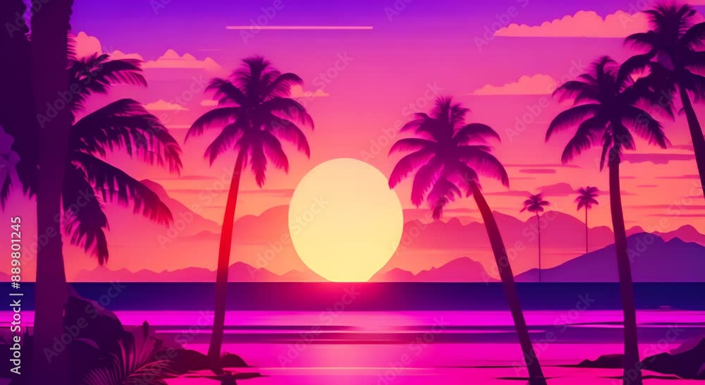 Vaporwave palm trees on the beach at sunset Retrowave background 4k animation Vaporwave palm trees on the beach at sunset Retrowave background 4k animation