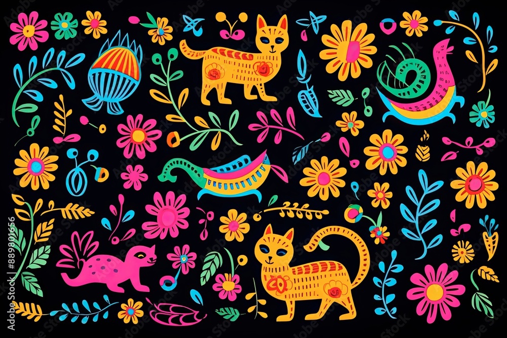 Fototapeta premium Embroidery Mexican Textile Pattern eighth Unique Floral and Animal Motifs.