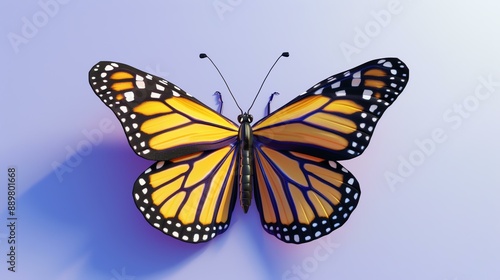 A beautiful 3D rendering of a monarch butterfly. The butterfly is spread out with its wings fully extended. © Factory