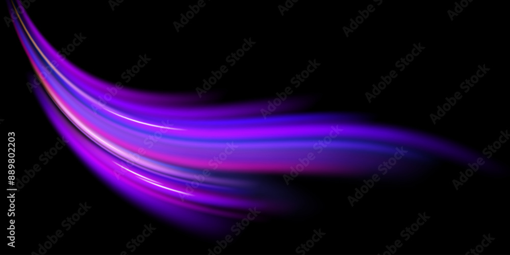 Abstract neon light rays background. A Colorful Motion Background of City Light Trails. Purple glowing wave swirl, impulse cable lines. Long time exposure. VectorГрафика и иллюстрации